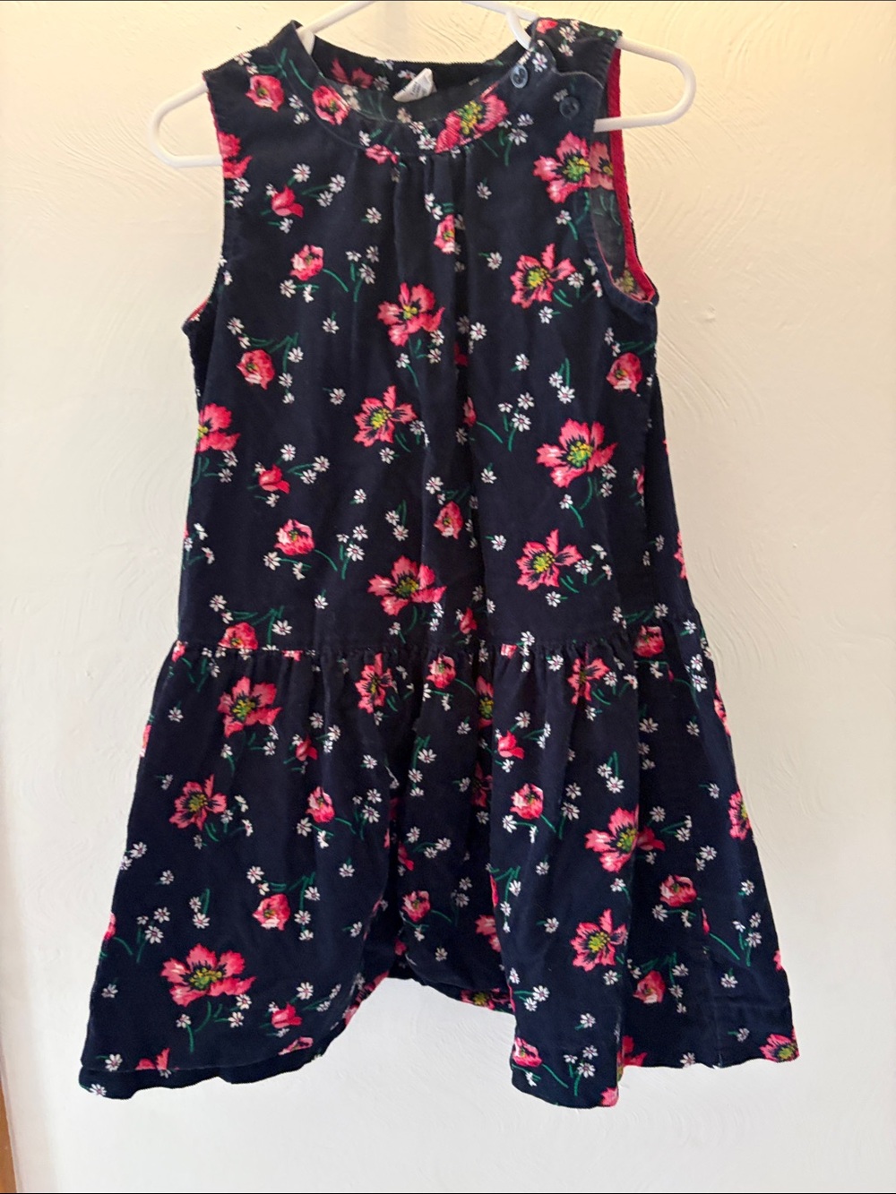 Girls' Corduroy Navy Floral Sleeveless Dress - Pink & Green Print